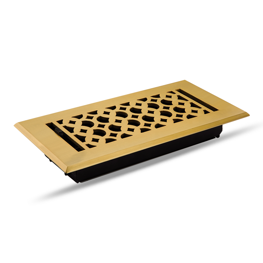 Floor Vent Cover / Register Size: 4” x 10” with Damper top faceplate outer size 6″ x 12″, thickness 5 mm, decorative high-quality metal-cast aluminum Brushed Gold Re-paintable for floors, walls, and ceilings – Elegant Tudor Mushroom Design (VR 100)