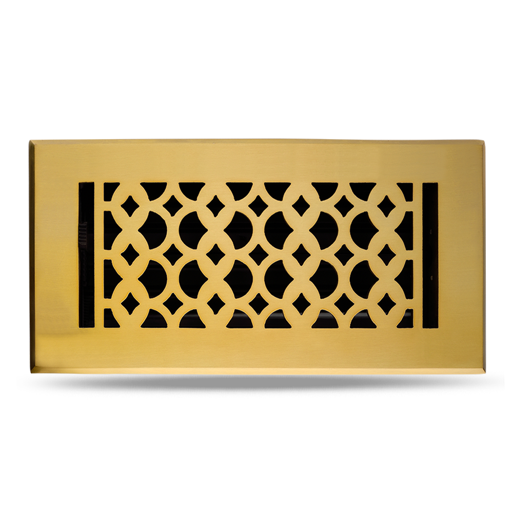 Floor Vent Cover / Register Size: 4” x 10” with Damper top faceplate outer size 6″ x 12″, thickness 5 mm, decorative high-quality metal-cast aluminum Brushed Gold Re-paintable for floors, walls, and ceilings – Elegant Tudor Mushroom Design (VR 100)
