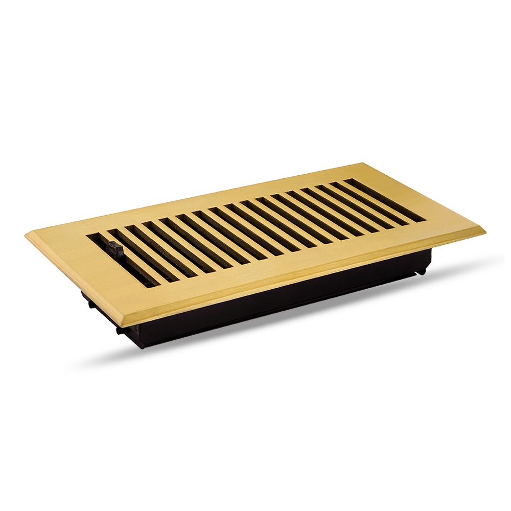 Floor Vent Cover / Register Size: 4” x 10” with Damper top faceplate outer size 6″ x 12″, thickness 5 mm, high-quality metal – cast aluminum brushed gold powder coated Re-paintable for floors, walls, and ceilings – Modern and Contemporary Design (VR 102)