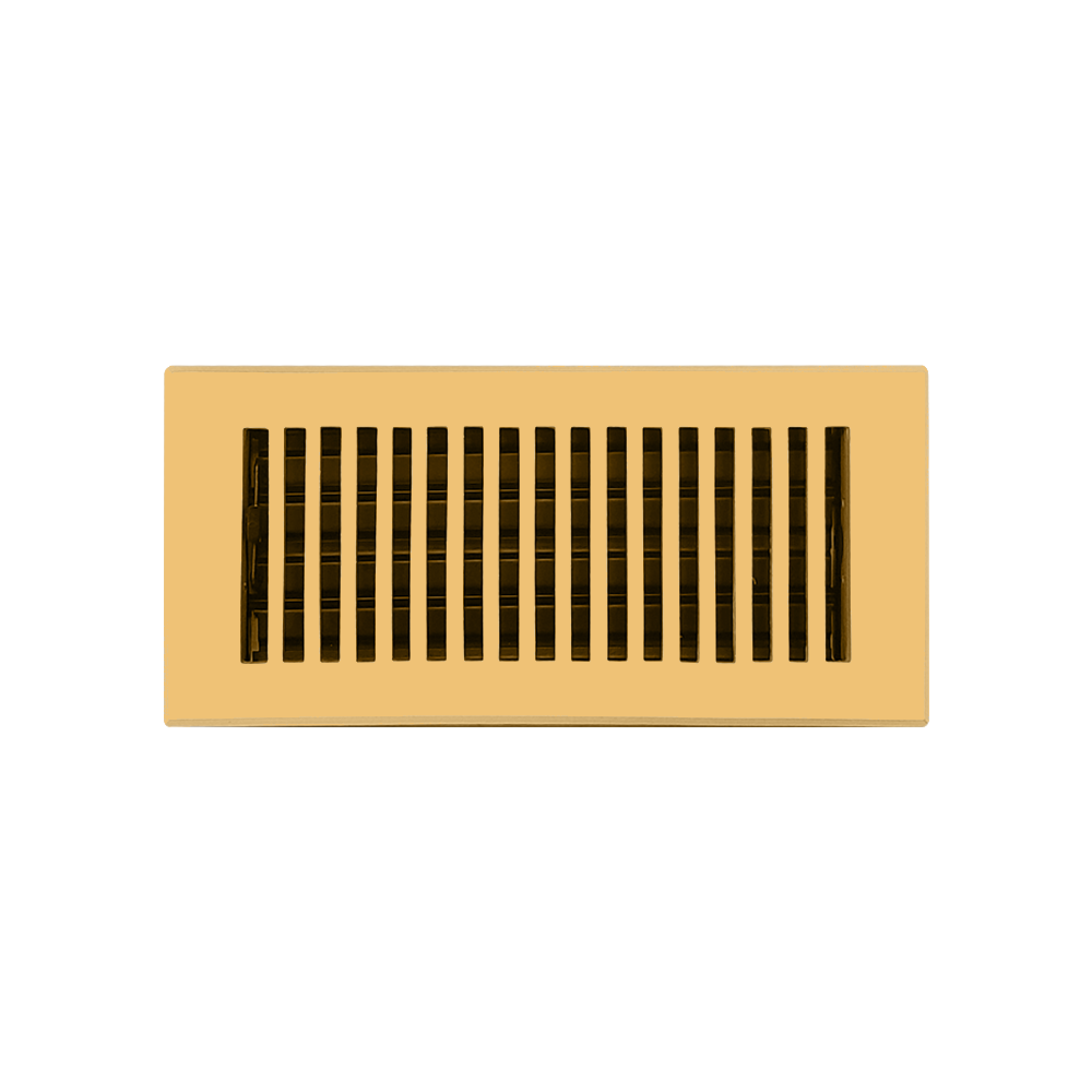 Floor Vent Cover / Register Size: 4” x 10” with Damper top faceplate outer size 6″ x 12″, thickness 5 mm, high-quality metal – cast aluminum brushed gold powder coated Re-paintable for floors, walls, and ceilings – Modern and Contemporary Design (VR 102)