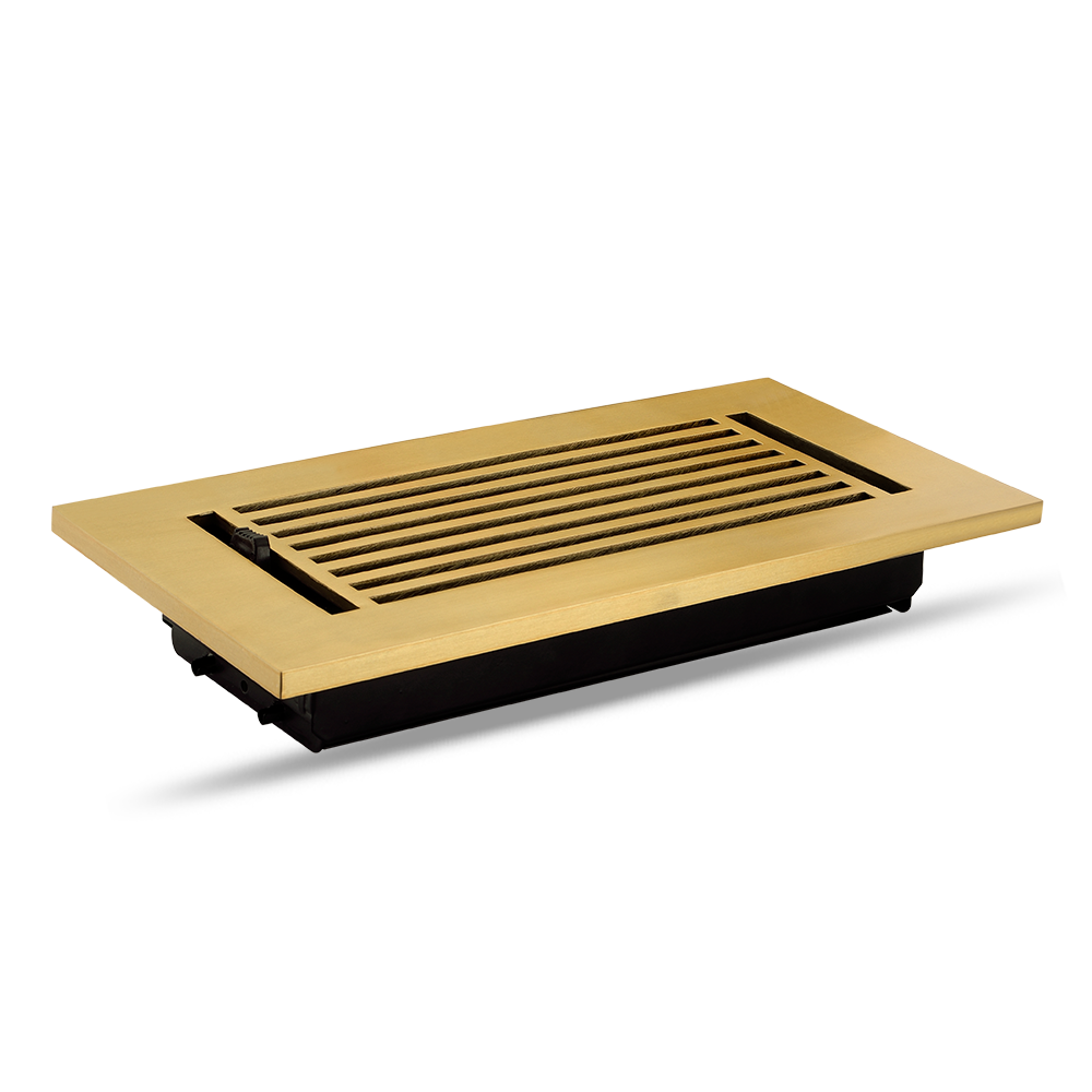Floor Vent Cover / Register Size: 4” x 10” with Damper top faceplate outer size 6″ x 12”, thickness 5 mm, high-quality metal – cast aluminum brushed gold powder coated Re-paintable for floors, walls, and ceilings – Modern Linear Design (VR 109)