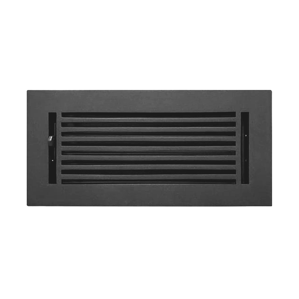 The Prima Decorative Hardware rectangular black metal linear floor register features horizontal slats and a small lever on the left side for airflow adjustment, ideal for modern spaces.