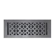 Prima Decorative Hardware rectangular vent cover features a geometric Tudor mushroom design in interlocking shapes, crafted from cast aluminum with a matte dark finish, shown against a white background.