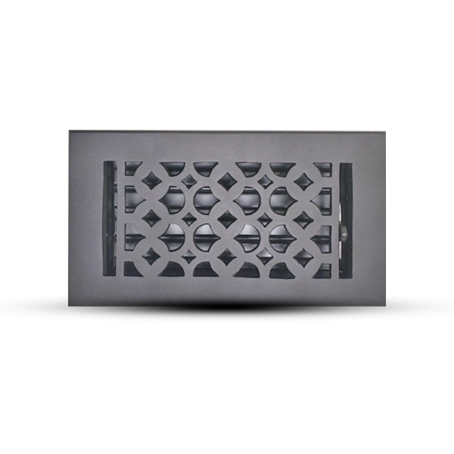 Prima Decorative Hardware's rectangular cast aluminum floor register showcases a tudor mushroom geometric pattern in a matte black finish, making this decorative air vent cover stand out against its white background.