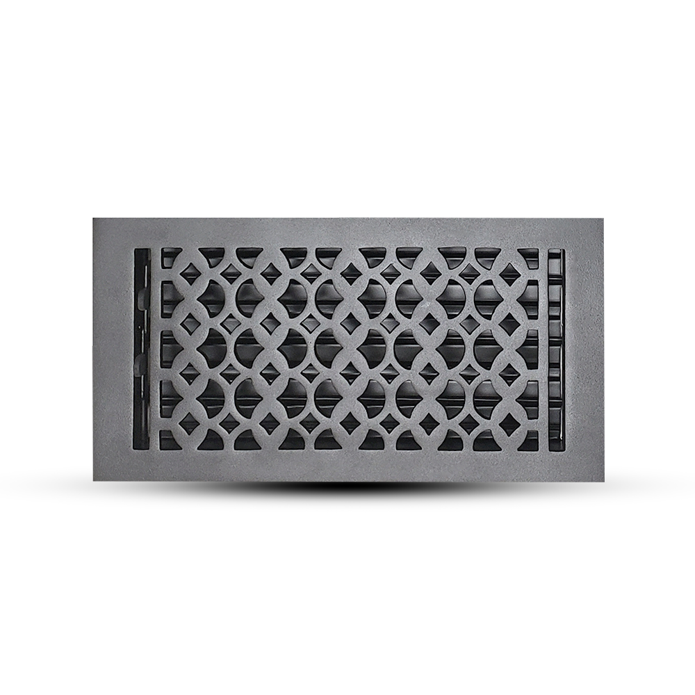 A rectangular, dark-colored cast aluminum floor register by Prima Decorative Hardware features a decorative geometric cutout pattern, displayed against a white background.