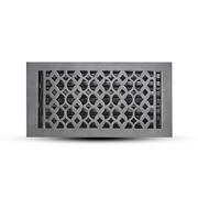 A rectangular, dark-colored cast aluminum floor register by Prima Decorative Hardware features a decorative geometric cutout pattern, displayed against a white background.