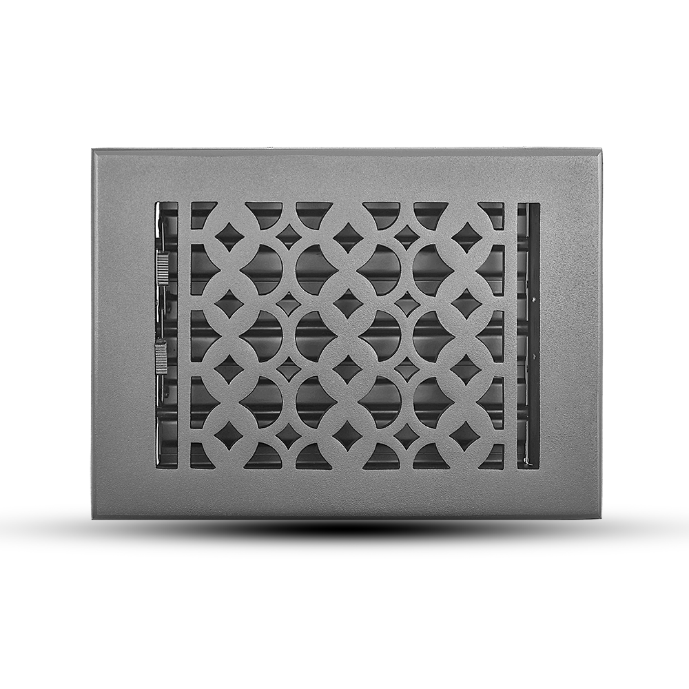 Floor Vent Cover / Register Size: 6” x 8” VR100 with Damper top faceplate outer size 7-1/4″ x 9-3/4″, thickness 5 mm, decorative handcrafted high-quality metal – cast aluminum powder coated Re-paintable for floors, walls, and ceilings