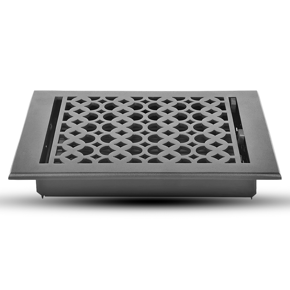 Floor Vent Cover / Register Size: 8” x 10” VR100 with Damper top faceplate outer size 9-1/4″ X 11-3/4″, thickness 5 mm, decorative handcrafted high-quality metal – cast aluminum powder coated Re-paintable for floors, walls, and ceilings