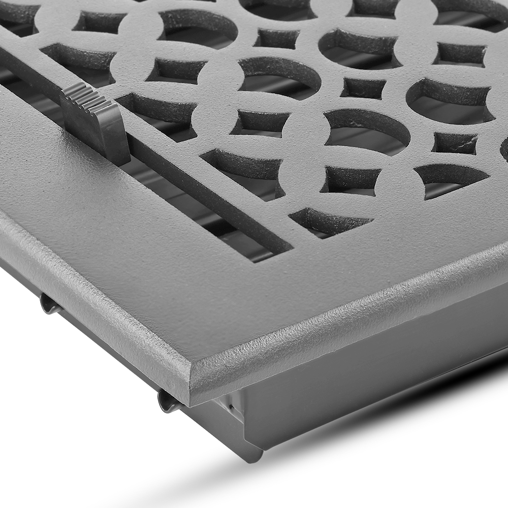 Floor Vent Cover / Register Size: 8” x 10” VR100 with Damper top faceplate outer size 9-1/4″ X 11-3/4″, thickness 5 mm, decorative handcrafted high-quality metal – cast aluminum powder coated Re-paintable for floors, walls, and ceilings
