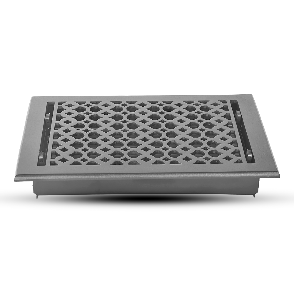 Floor Vent Cover / Register Size: 9” x 12” VR100 with Damper top faceplate outer size 10.5″ x 14″, thickness 5 mm, decorative handcrafted high-quality metal – cast aluminum powder coated Re-paintable for floors, walls, and ceilings
