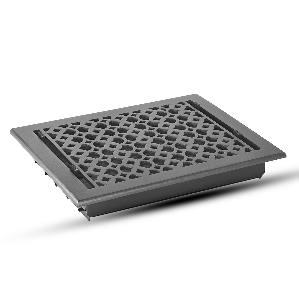 Floor Vent Cover / Register Size: 9” x 12” VR100 with Damper top faceplate outer size 10.5″ x 14″, thickness 5 mm, decorative handcrafted high-quality metal – cast aluminum powder coated Re-paintable for floors, walls, and ceilings
