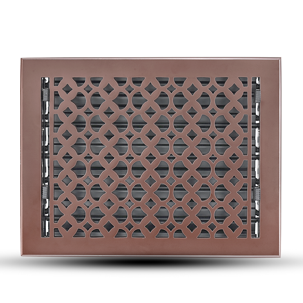 Floor Vent Cover / Register Size: 9” x 12” VR100 with Damper top faceplate outer size 10.5″ x 14″, thickness 5 mm, decorative handcrafted high-quality metal – cast aluminum powder coated Re-paintable for floors, walls, and ceilings