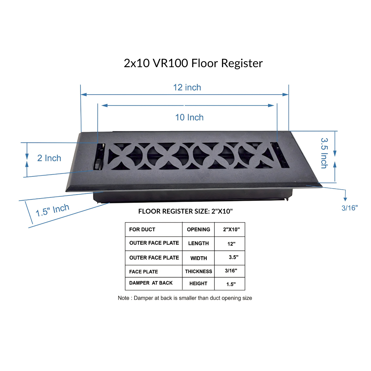 Cast Iron Floor Register 2" x 10” with Damper, Tudor Mushroom Design Vent Cover VR100