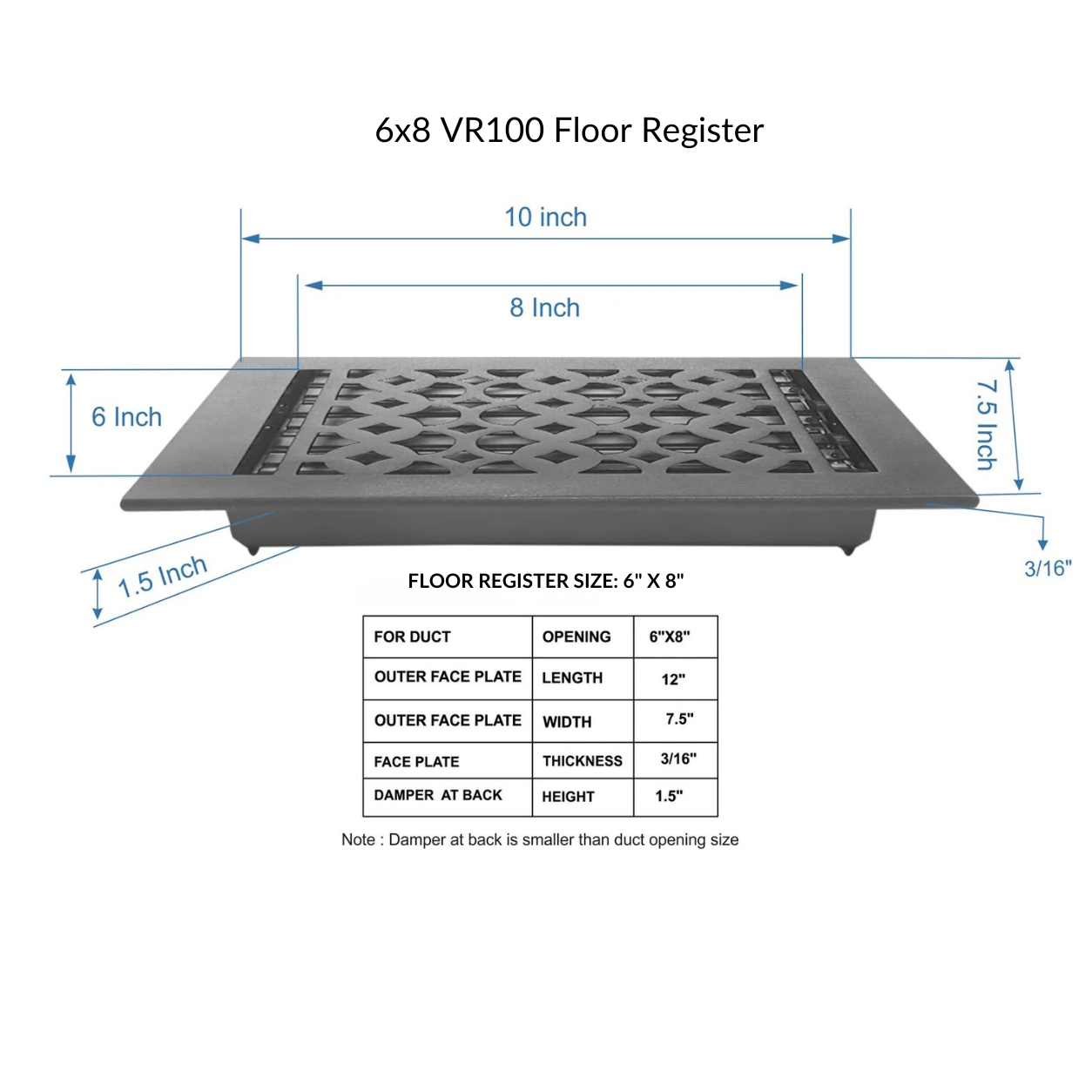 Cast Iron Floor Register 6" x 8” with Damper, Tudor Mushroom Design Vent Cover VR100