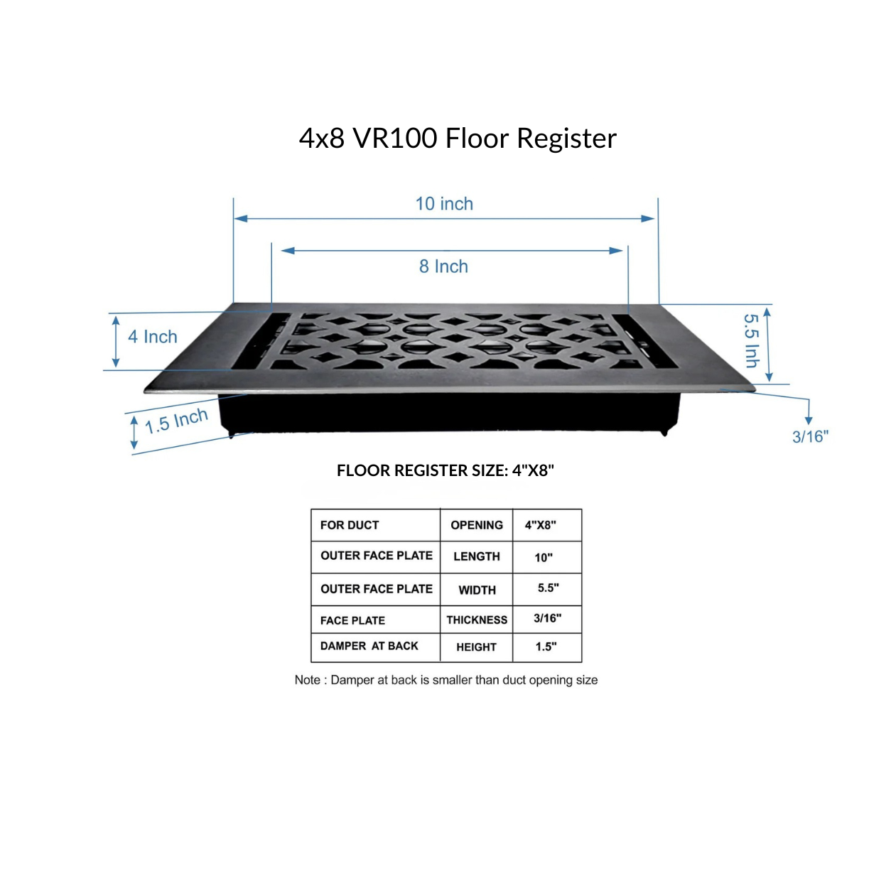 Cast Iron Floor Register 4" x 8” with Damper, Tudor Mushroom Design Vent Cover VR100