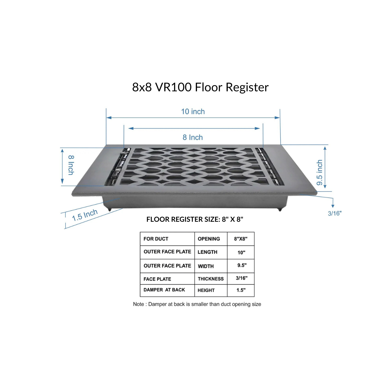 Cast Iron Floor Register 8" x 8” with Damper, Tudor Mushroom Design Vent Cover VR100