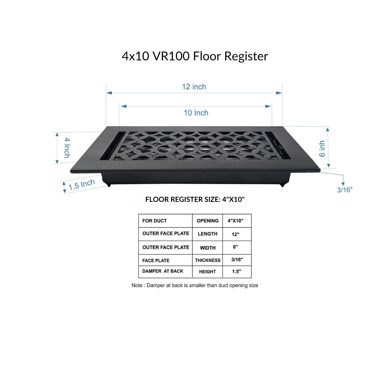 Cast Iron Floor Register 4" x 10” with Damper, Tudor Mushroom Design Vent Cover VR100