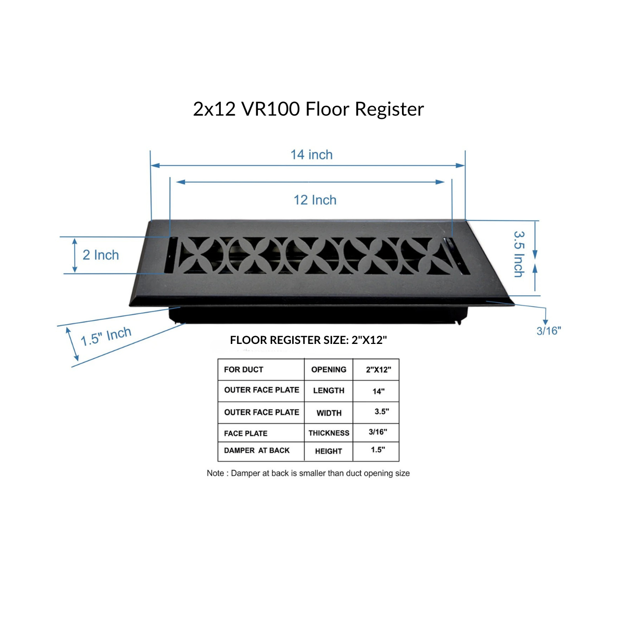 Cast Iron Floor Register 2" x 12” with Damper, Tudor Mushroom Design Vent Cover VR100