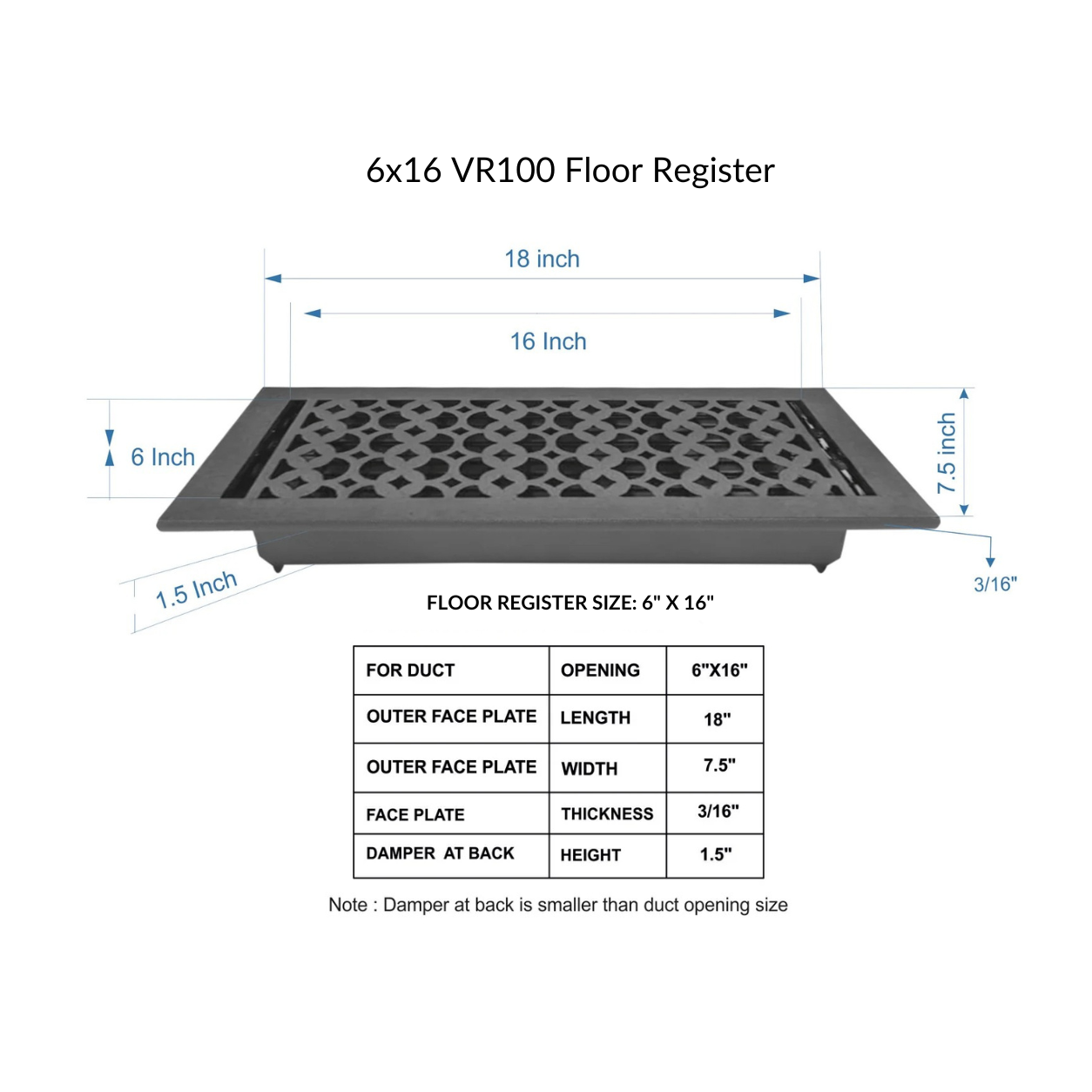 Cast Iron Floor Register 6" x 16” with Damper, Tudor Mushroom Design Vent Cover VR100