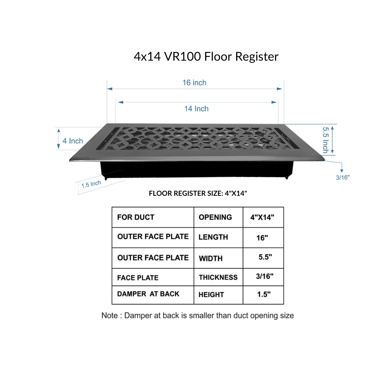 Cast Iron Floor Register 4" x 14” with Damper, Tudor Mushroom Design Vent Cover VR100