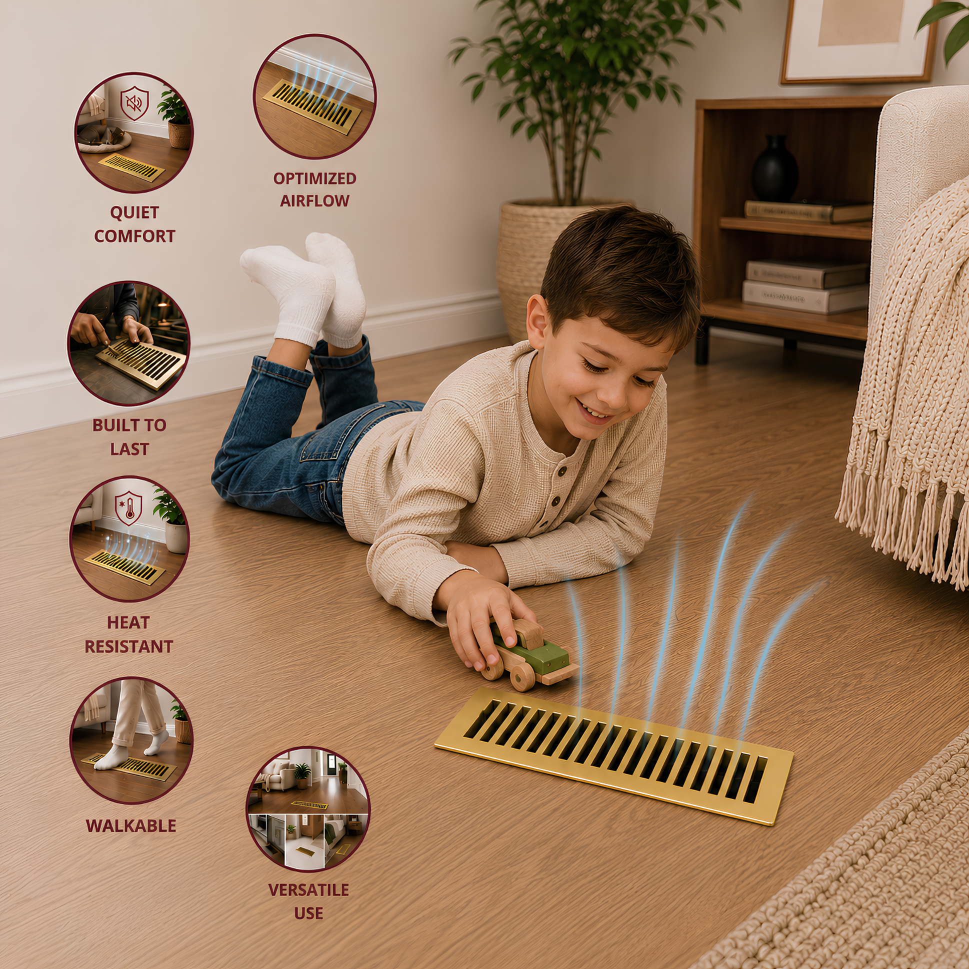 3" x 10" Cast Aluminum Floor Register with Damper, Modern Decorative Vent Cover VR102 - Brushed Gold