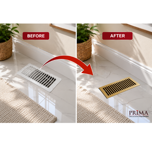 Before and after comparison of a floor vent cover with Prima decorative hardware branding.