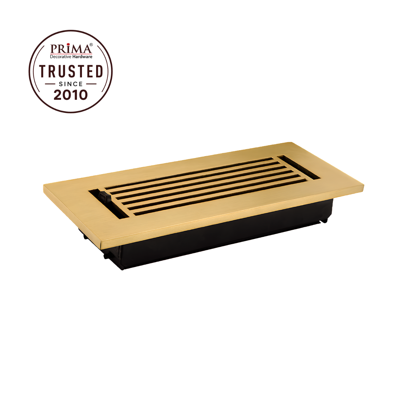 Decorative grille with Prima Trusted since 2010 logo on a white background