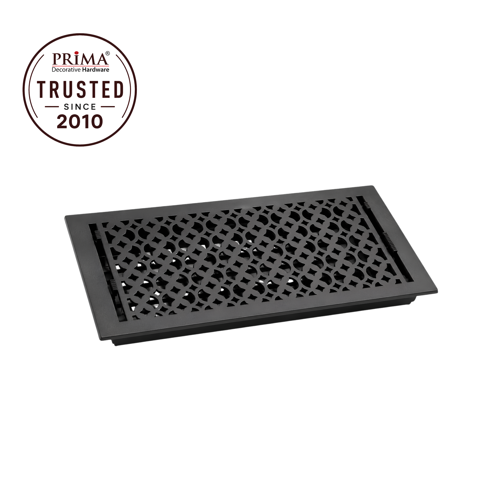 Black decorative vent with Prima Trusted since 2010 logo on a white background