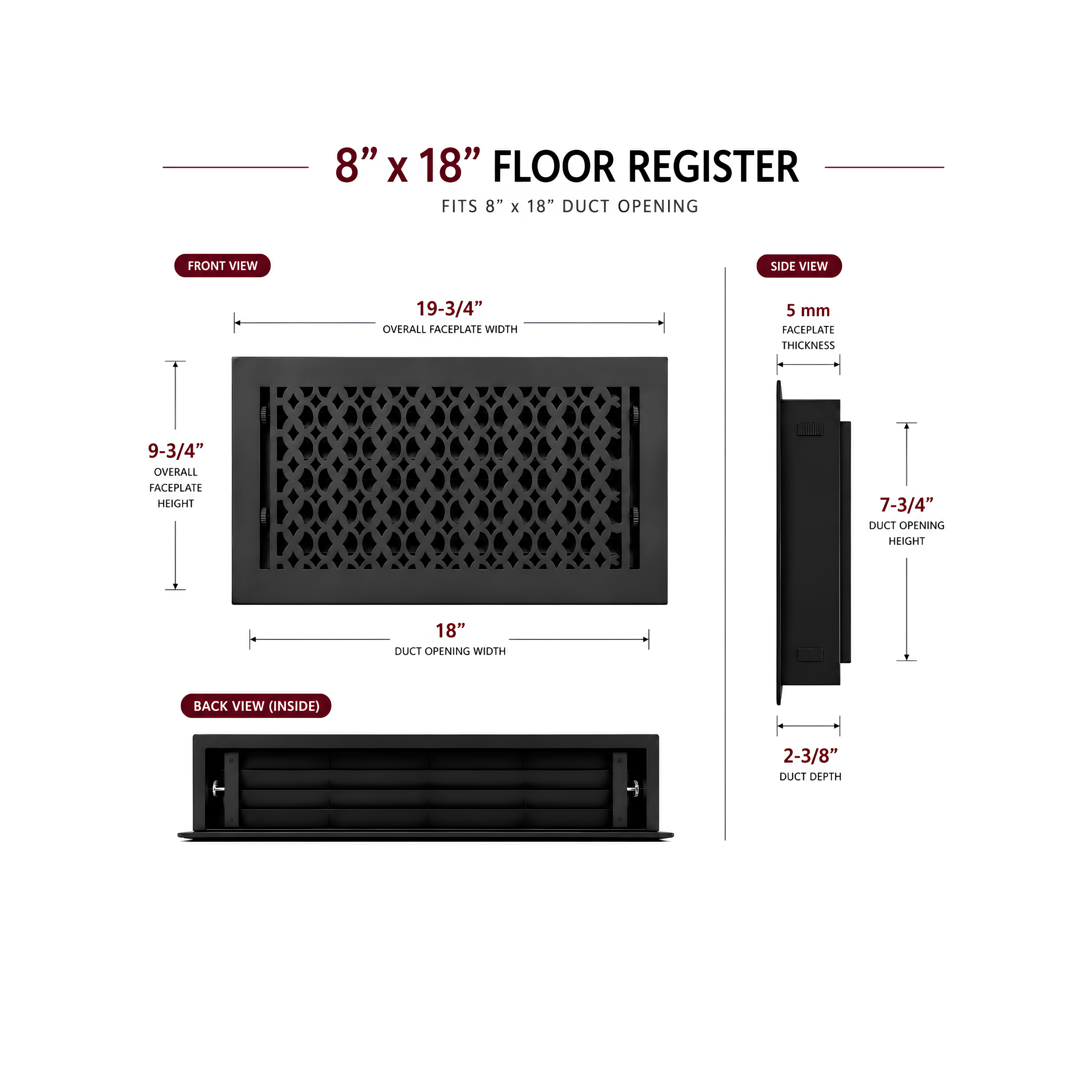 8" x 18" floor register with dimensions on a white background