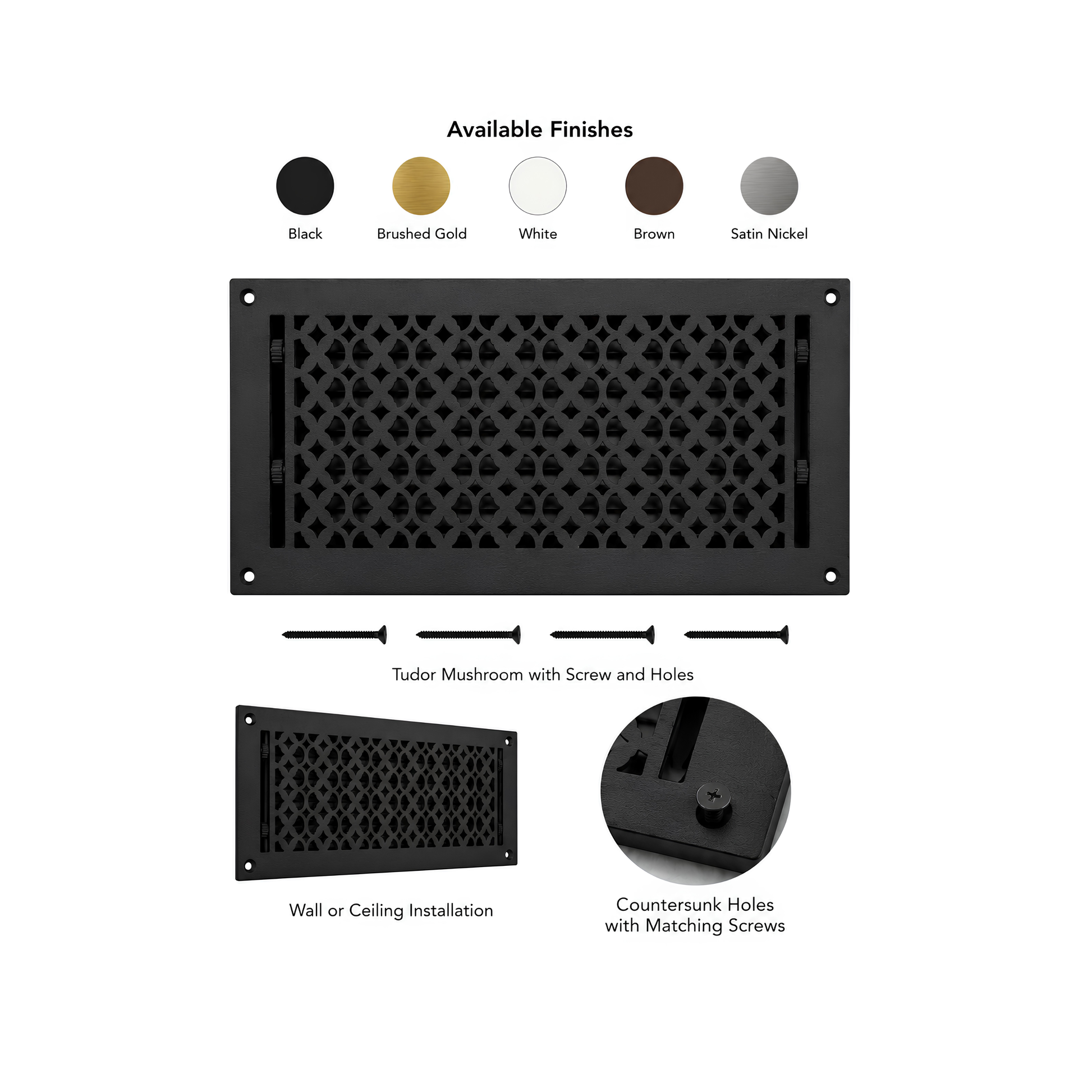 Vent cover with finish options and installation details on a white background