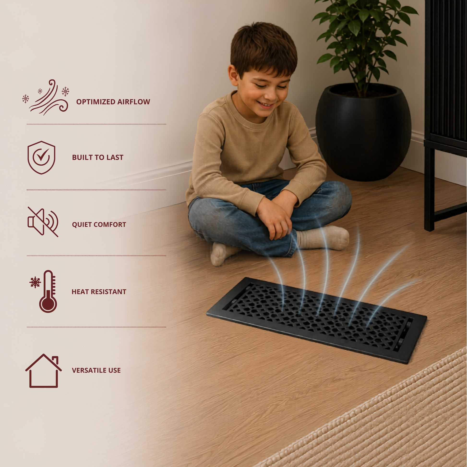 Child sitting on the floor next to a vent with features listed on the left.