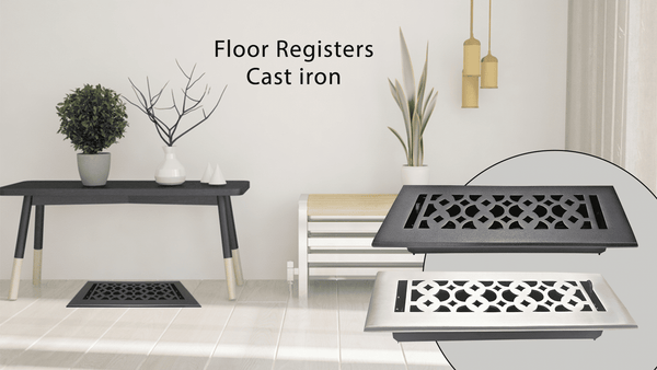 Modern living room with a black table, minimalist decor, and a cast iron floor register on the floor. Inset shows two styles of decorative floor registers. Text reads, Floor Registers Cast iron.
