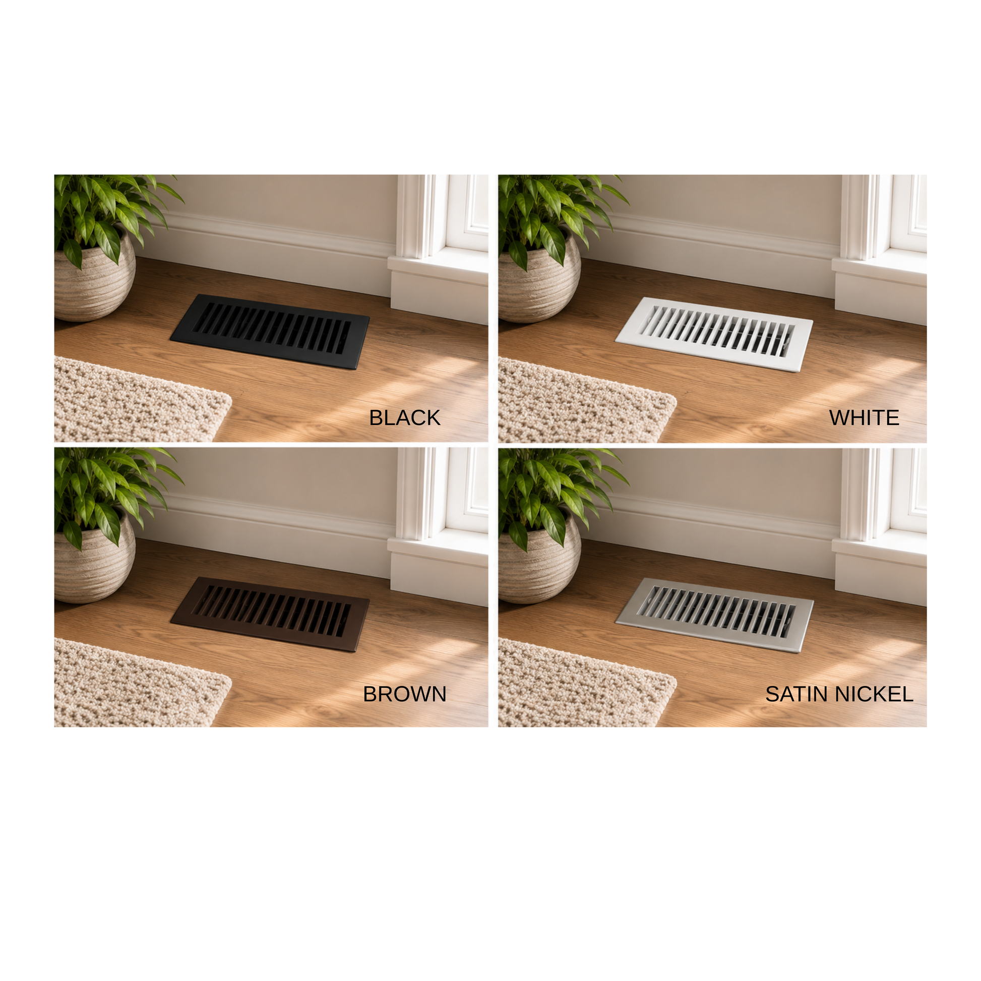 Four different colored floor vents shown on a wooden floor with plants and a rug.