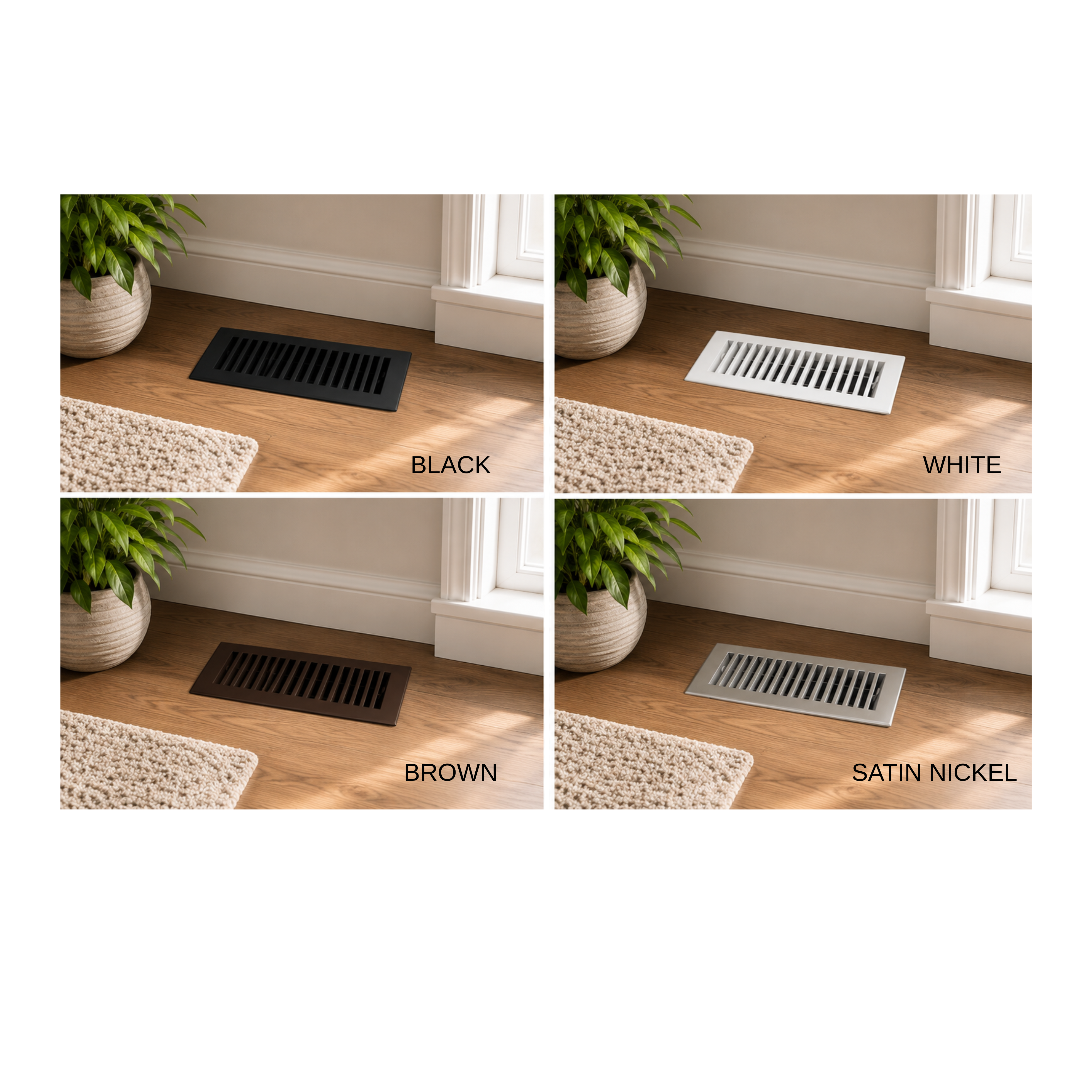 Four different colored floor vents shown on a wooden floor with plants and a rug.