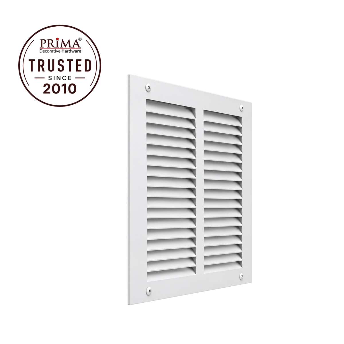 14 X 14 Angled view of white steel baseboard air return grille with mounting screws and Prima Trusted Since 2010 badge
