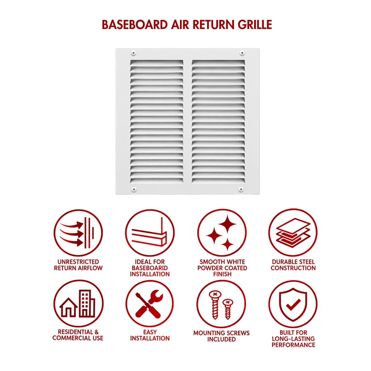 14 X 14 White baseboard air return grille with icons highlighting airflow, easy installation and durable finish
