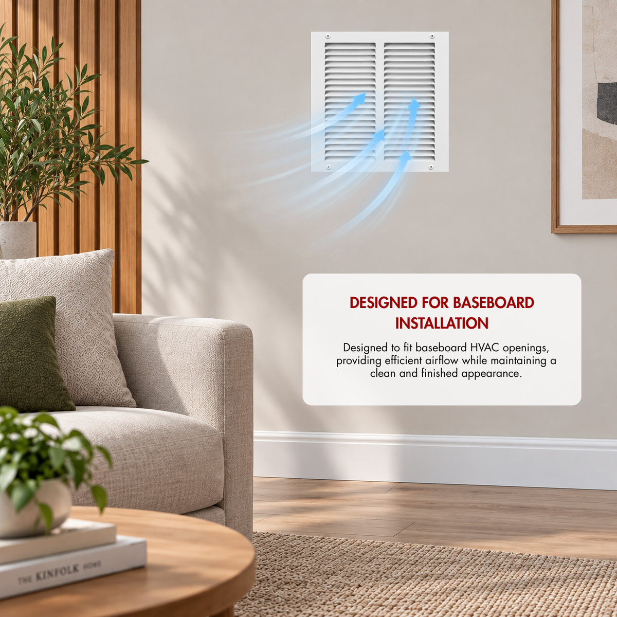 14 X 14 White baseboard air return grille installed on a living room wall with airflow illustration for HVAC ventilation
