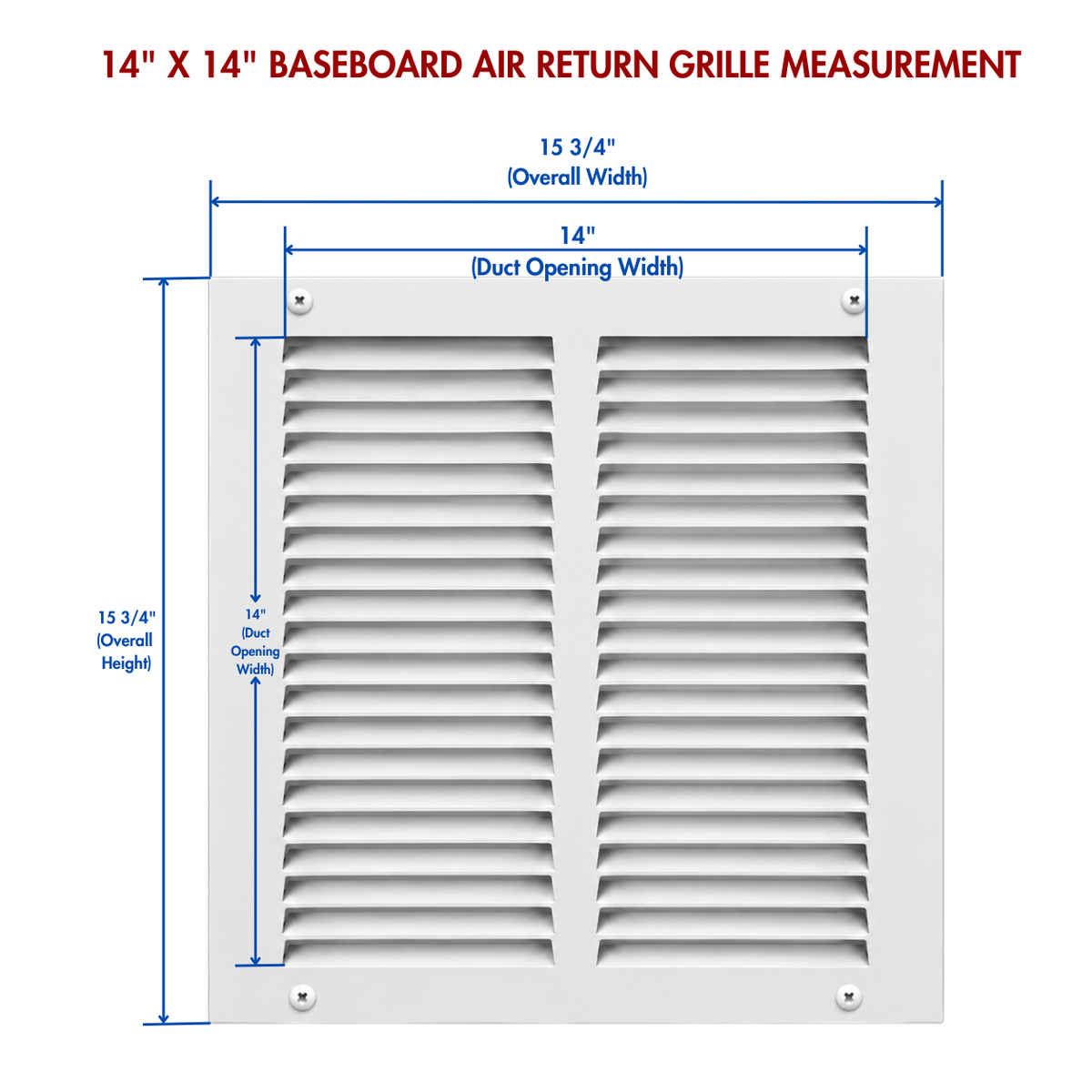 14 x 14 white baseboard air return grille measurement diagram showing overall size and duct opening dimensions
