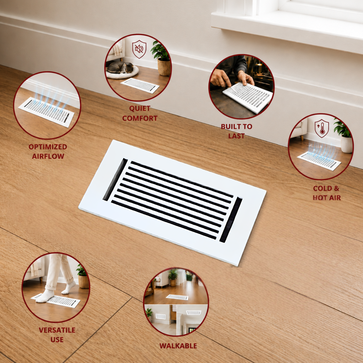 Ventilation grille on a wooden floor with features highlighted in circular insets.