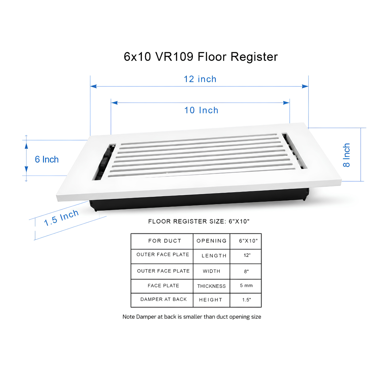 6x10 VR109 Floor Register with dimensions and specifications on a white background