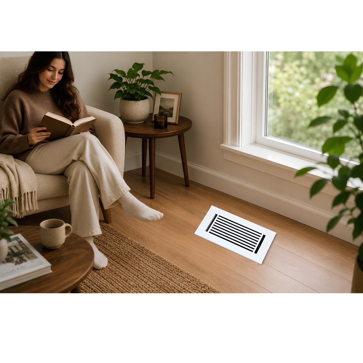 Woman reading a book in a cozy living room with a vent on the floor.
