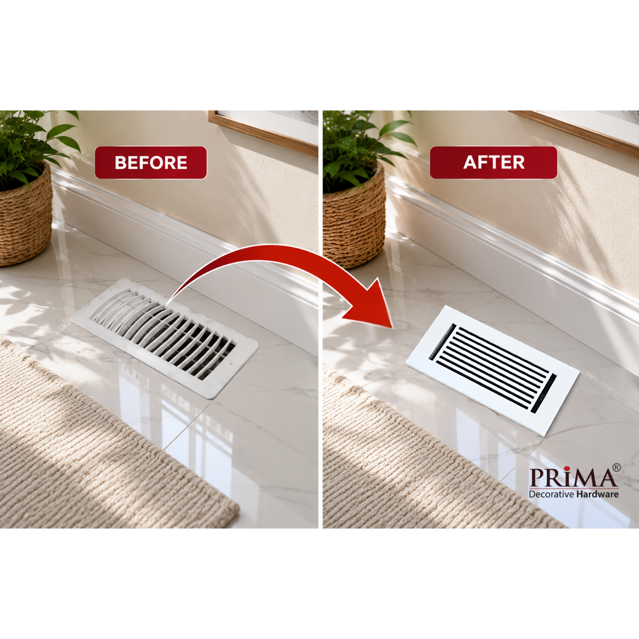 Before and after comparison of a floor vent cover with Prima decorative hardware branding.