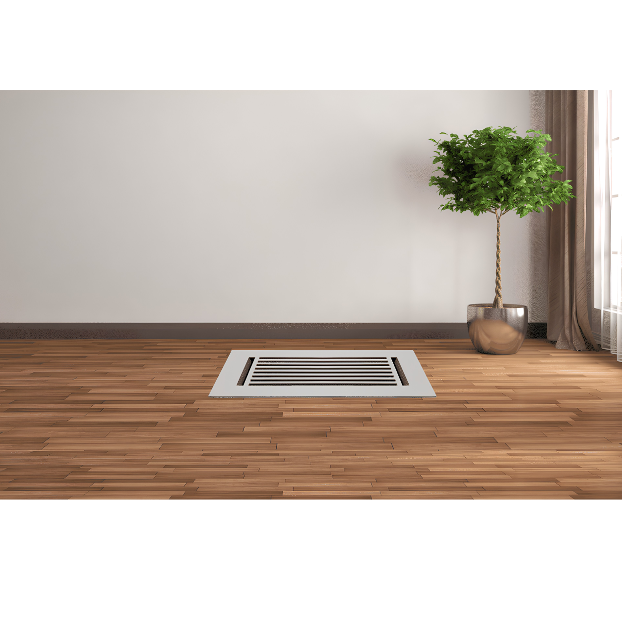 A rectangular floor vent with horizontal slats set into a medium-brown wood plank floor, mockup with a white wall.