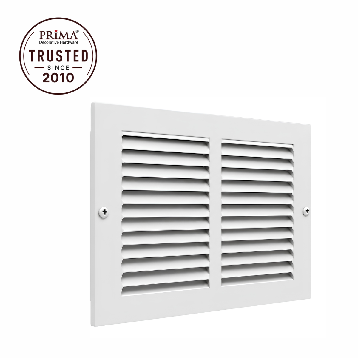 14" x 8" white steel air return grille with horizontal slats for sidewall and ceiling HVAC vent with trust badge.
