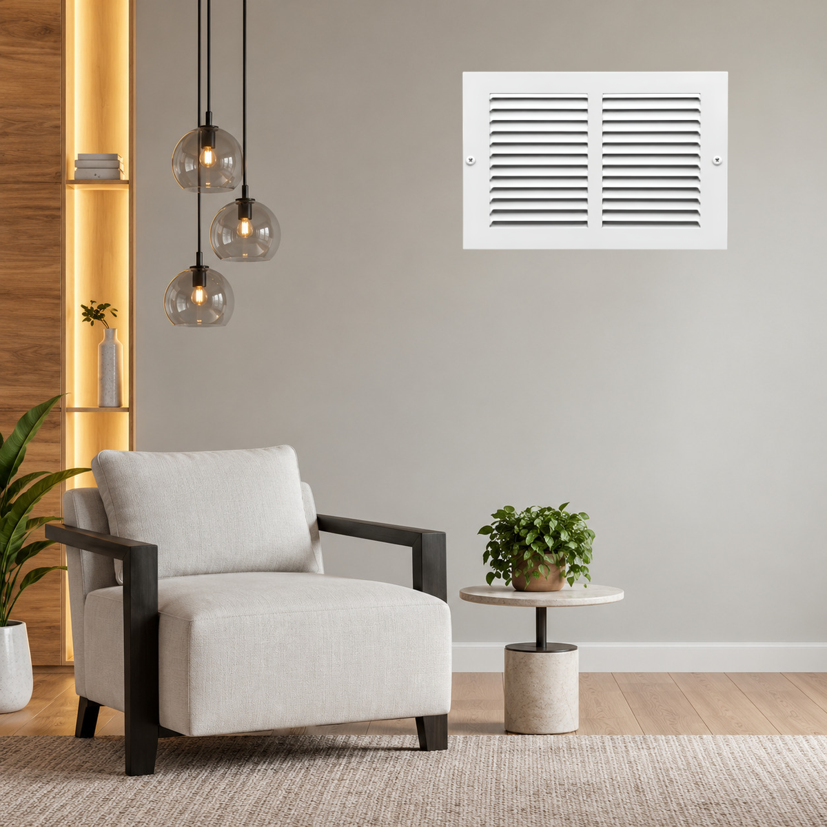 12" x 6" white steel air return grille with horizontal slats for sidewall and ceiling HVAC vent installed in a grey wall.
