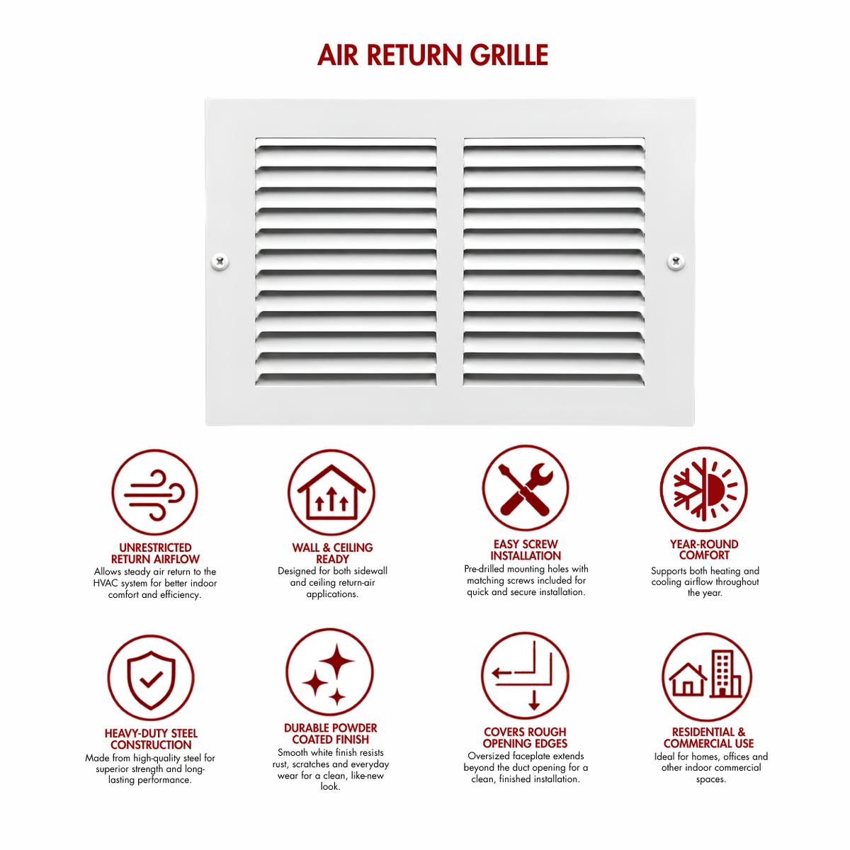 12" x 6" white steel air return grille for sidewall and ceiling HVAC vents with product benefits and feature icons.

