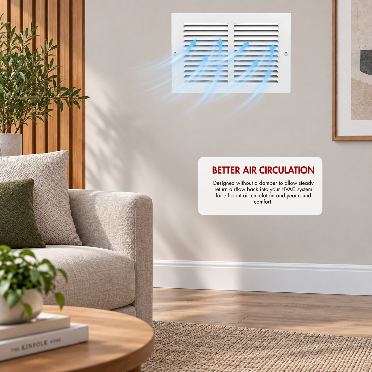 12" x 6" white steel air return grille installed on wall with airflow illustration for improved HVAC air circulation.
