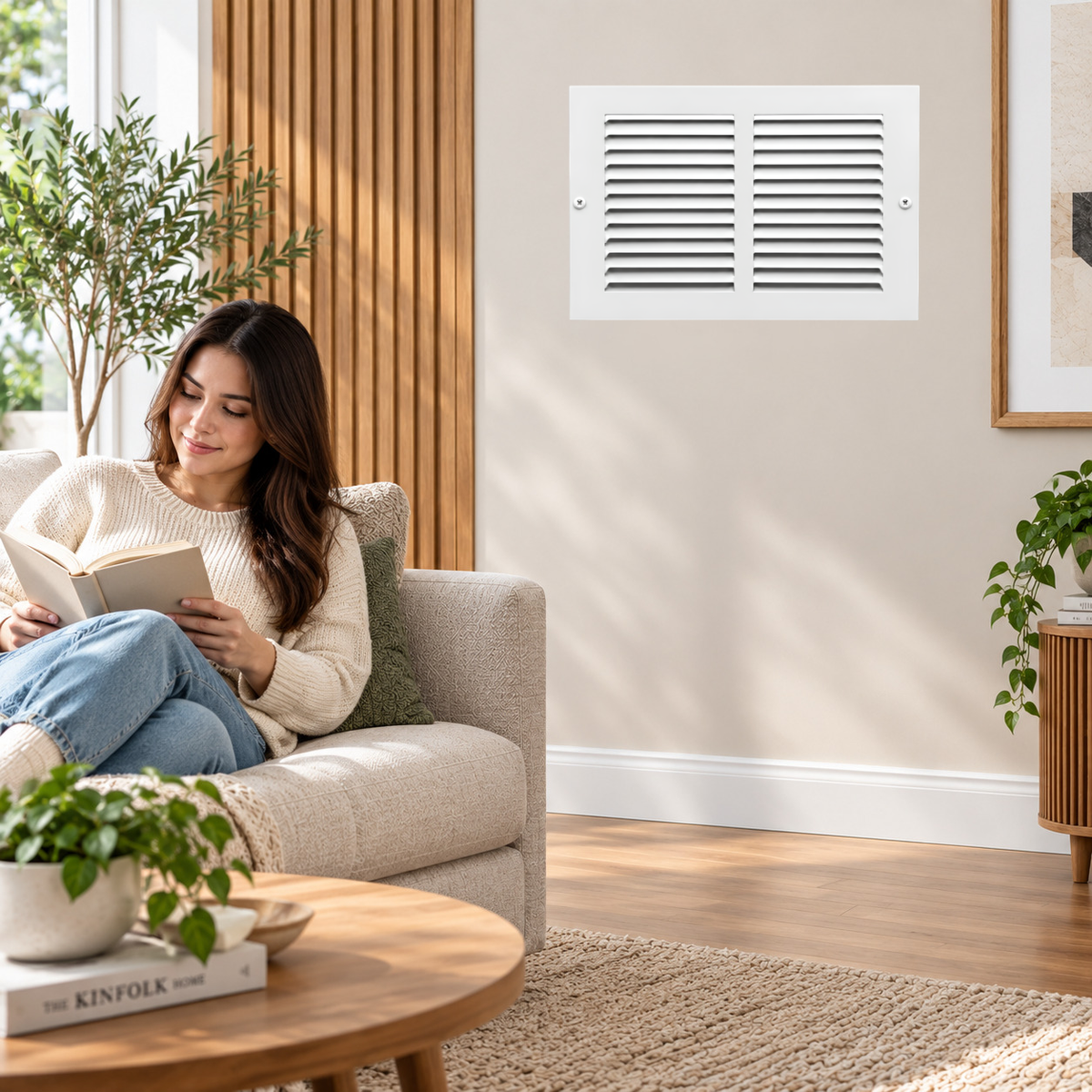 12" x 6" white steel HVAC air return grille installed on living room sidewall with woman relaxing on sofa.