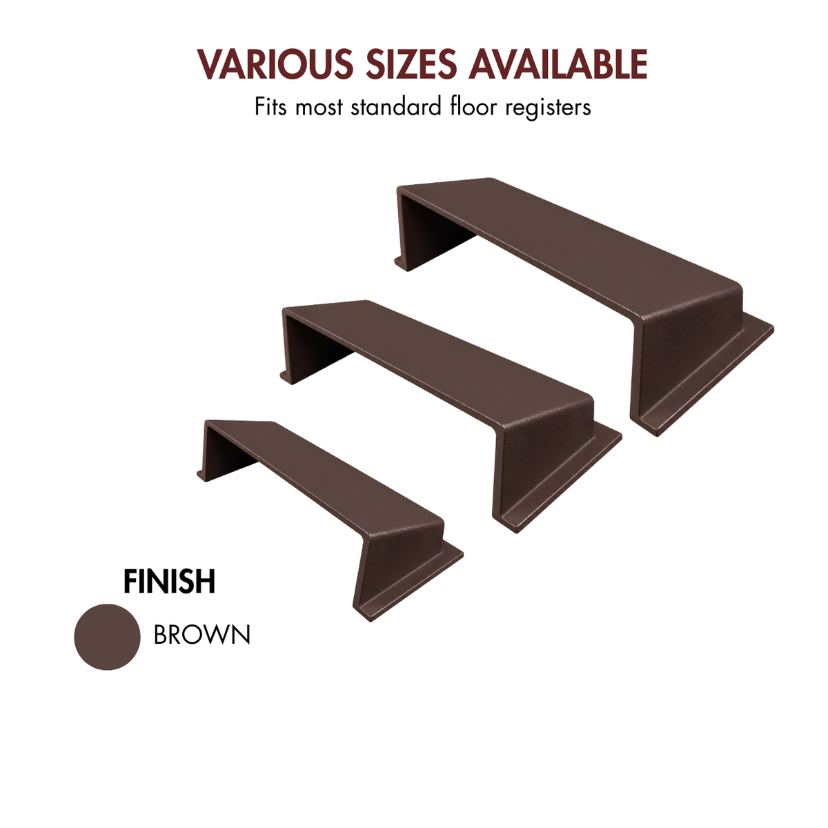Three brown metal drawer deflectors shown on a white background with available finish 
