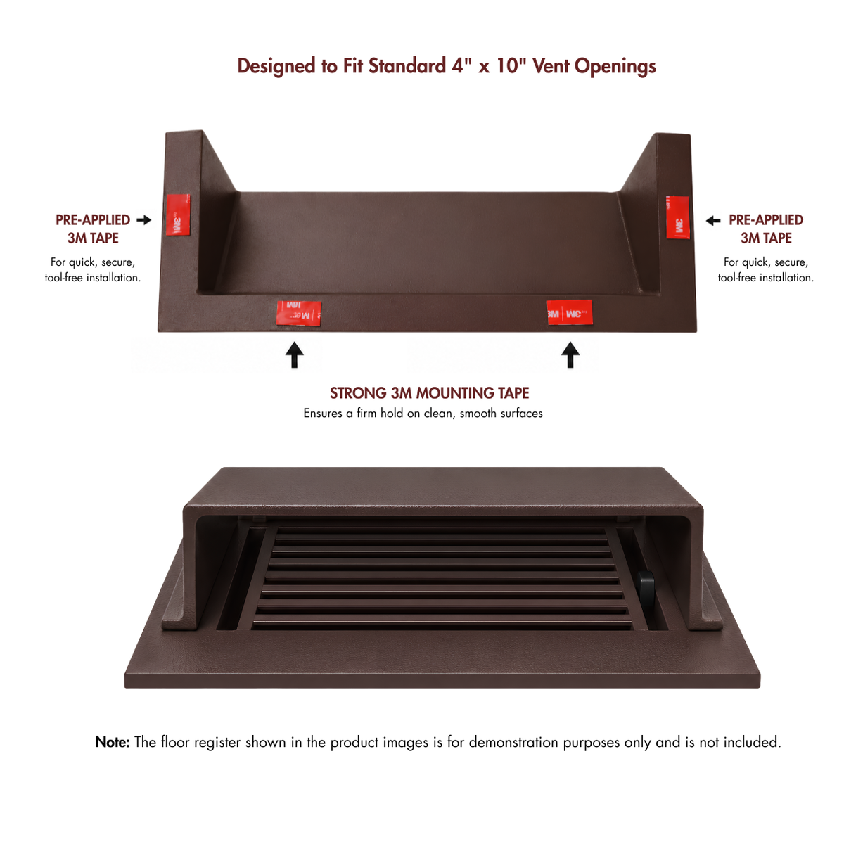 A brown deflector pre-applied 3M mounting tape and mounting strips shown on a vent opening, with explanatory text. 
